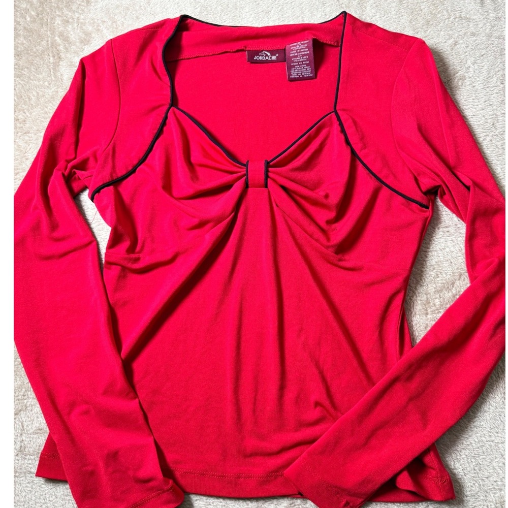 Jordache Womens Red Long Sleeve Bow Sweetheart Neck Top S Office Campus Y2K